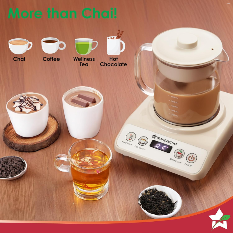 Wonderchef Chai Magic 600W 500ml Automatic Tea & Cappuccino Maker, 4 Modes, Automatic Milk Dispensing & Self-Cleaning