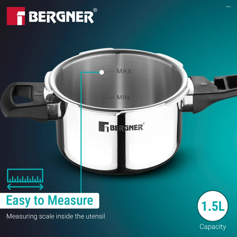 Bergner Argent Elements Elements SS Pressure Cooker 1.5L Tri-Ply Stainless Steel, Induction Ready BGD-9700-MM