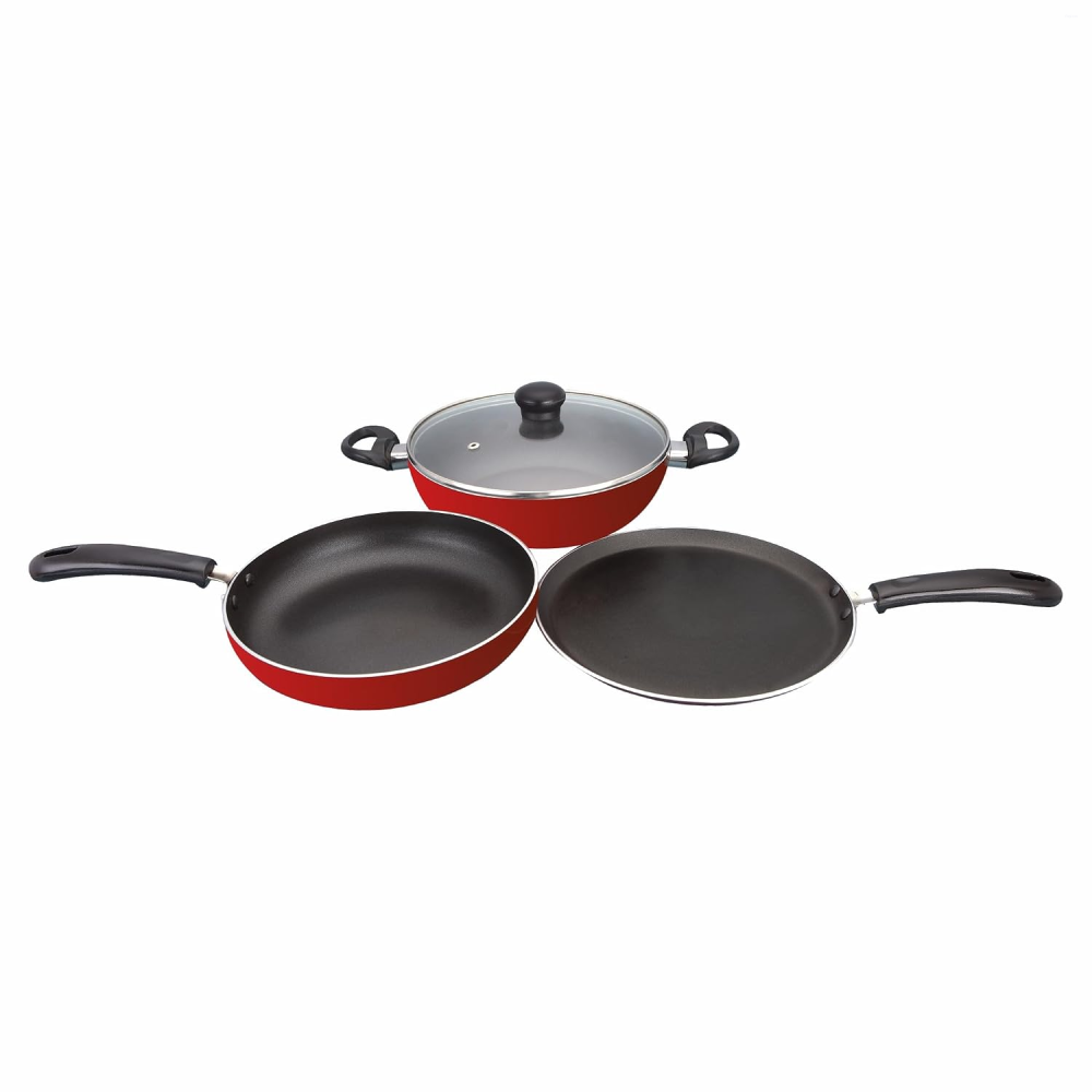 Butterfly Kroma Deluxe KCP3 250 mm Tawa + 240 mm Kadai + 240 mm Fry Pan with Greblon-C3 Non-Stick Coating & Induction Base