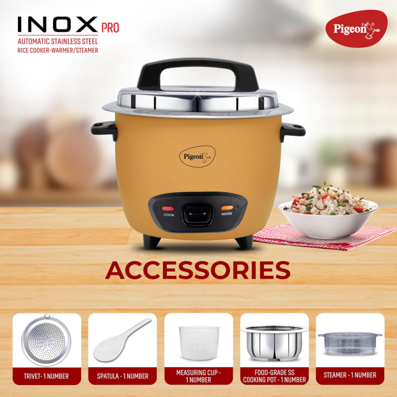 Pigeon Inox Pro 1.8L Electric Rice Cooker with Stainless Steel Single Pot, Cook & Keep-Warm Function, 700W, Yellow