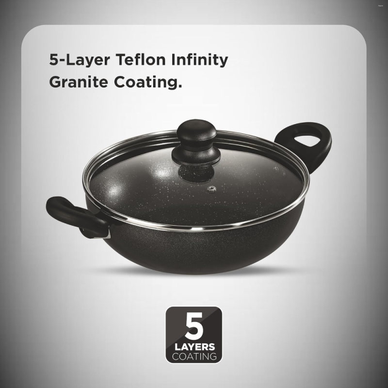 Butterfly Granza 280 mm 2.4 Litre Aluminium Non-Stick Kadai with Glass Lid, 5-Layer Teflon Infinity Granite Coating & Induction Base