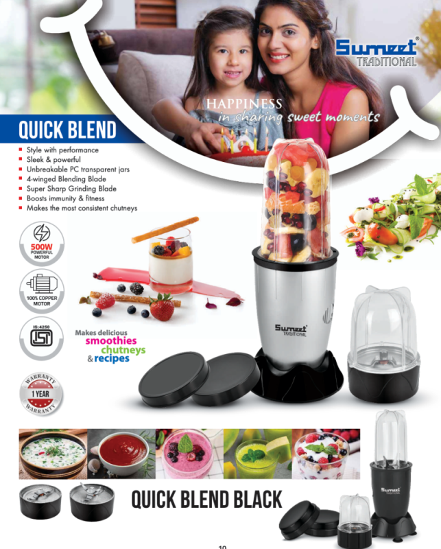 Sumeet Traditional Quick Blend Black 500W Mixer Grinder with 2 Unbreakable Jars, Copper Motor & 2-Speed Operation