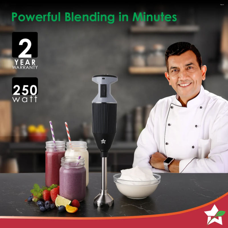 Wonderchef Prima Plus 250W Electric Hand Blender, 2-Speed, Stainless Steel Blades, Hot & Cold Blending, Whisk & Chopper