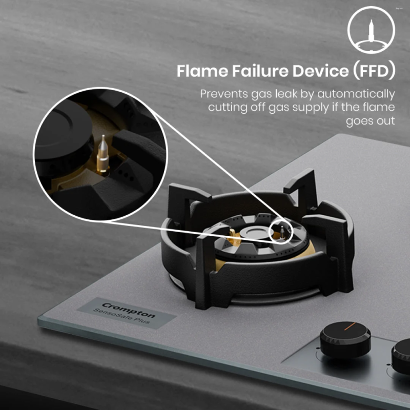 Crompton SensoSafe Plus 78cm 3 Burner Built-in Gas Hob with Full Brass 3D Burners, Auto Ignition & Flame Failure Safety (HOB-SSFB783SP-MBU)