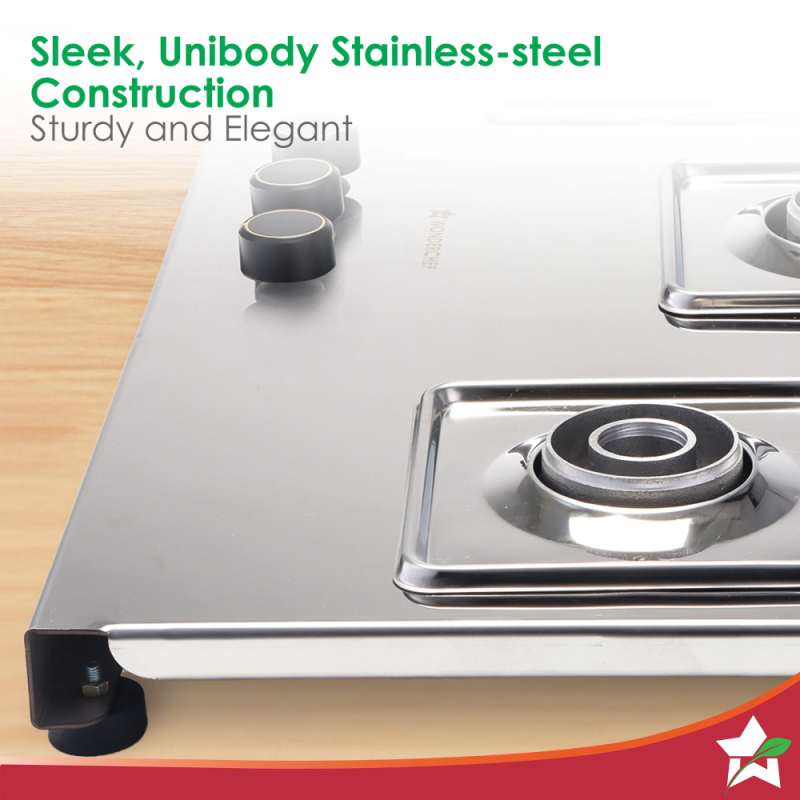 Wonderchef Inox 3 Brass Burner Manual Hobtop, 2mm Stainless Steel, LPG, Spill-Proof Design
