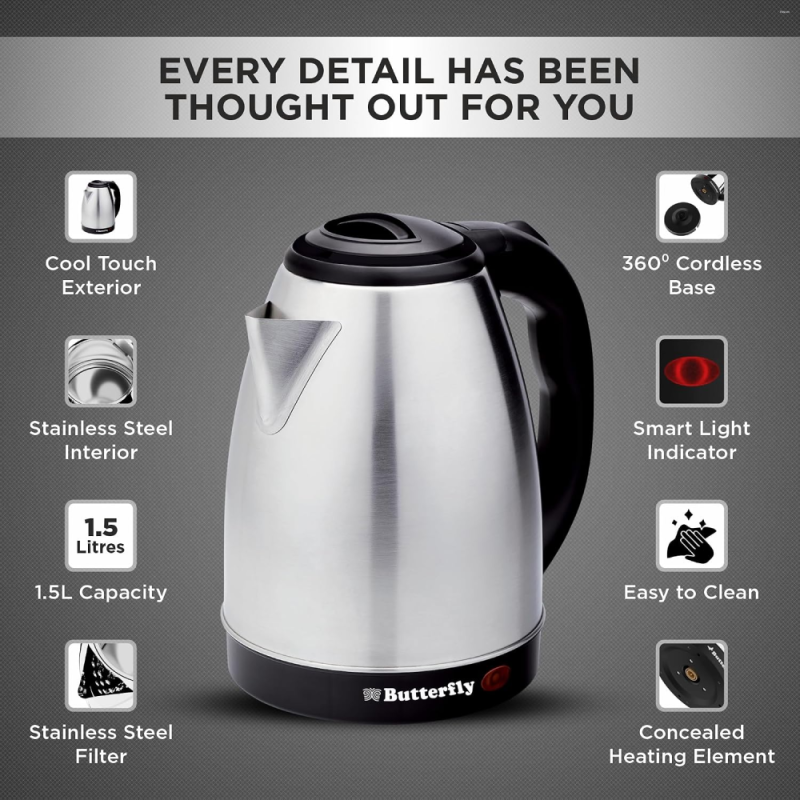 Butterfly Evo Pro 1.5 Litre 1350W Stainless Steel Electric Kettle with Auto Shut-Off, 360° Swivel Base & Cool-Touch Handle
