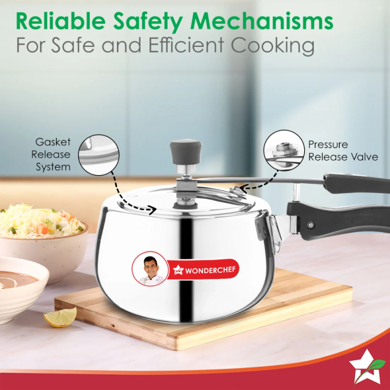 Wonderchef Nigella Tri-Ply 2L Inner Lid Pressure Cooker, 18/10 Stainless Steel, Contour Shape, Induction & Gas Compatible