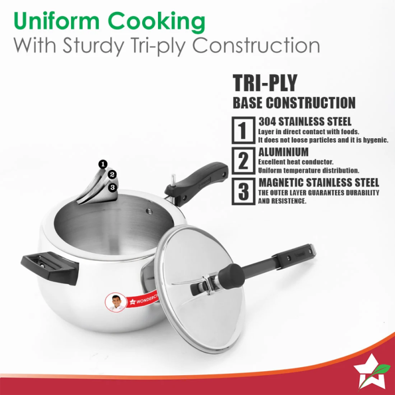 Wonderchef Nigella Tri-Ply 2L Inner Lid Pressure Cooker, 18/10 Stainless Steel, Contour Shape, Induction & Gas Compatible