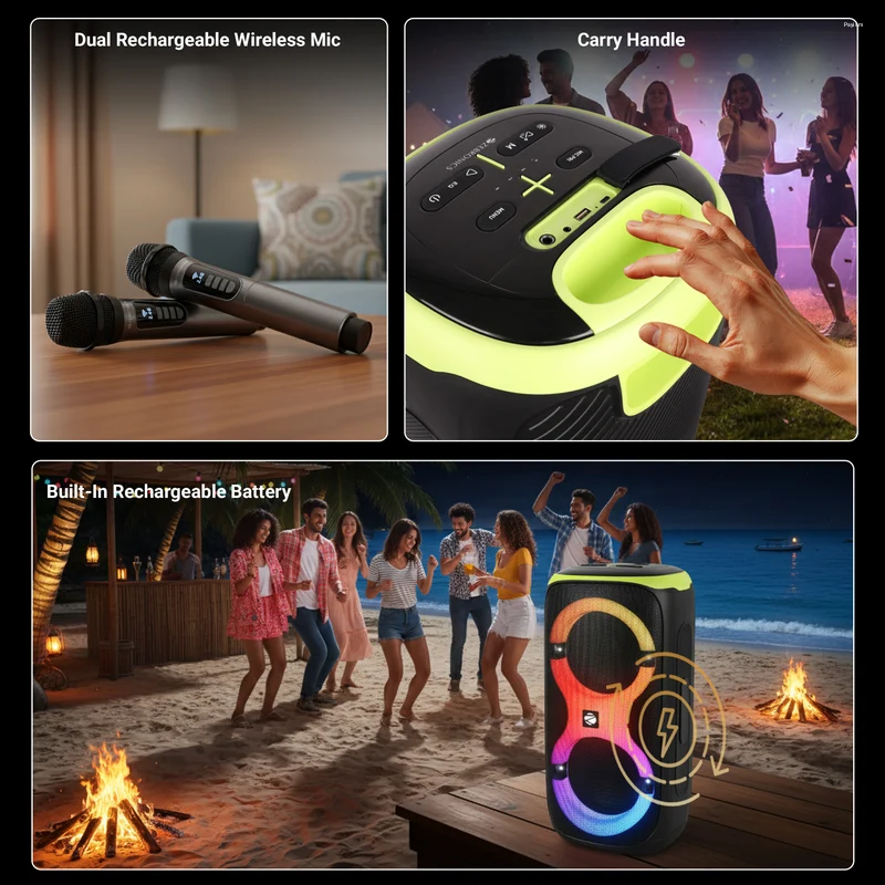 Zebronics ZEB-Thump 802 120W RMS DJ Speaker with Dual Wireless Mics, RGB Lights, Bluetooth 5.3, USB, AUX, FM, TWS & Remote
