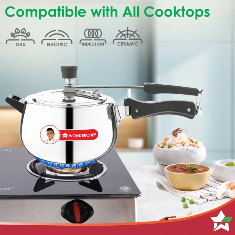 Wonderchef Nigella Tri-Ply 5L Inner Lid Pressure Cooker, 18/10 Stainless Steel, Contour Shape, Induction & Gas Compatible