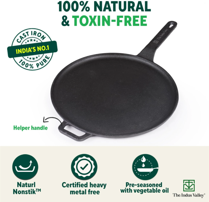 The Indus Valley 29cm Tawa Cast Iron, Helper Handle KC-FE-TA-049