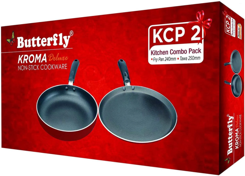 Butterfly Kroma Deluxe KCP2 250 mm Tawa & 240 mm Fry Pan Combo with Greblon-C3 Non-Stick Coating & Induction Base