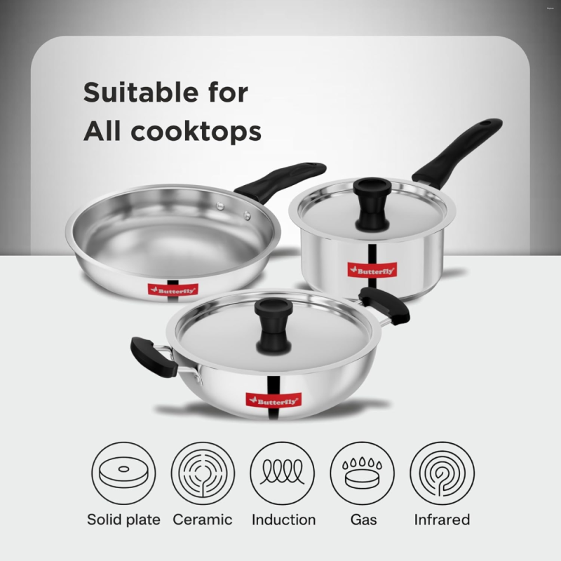 Butterfly Classic 5-Piece Stainless Steel Cookware Set with 22 cm Fry Pan, 22 cm Kadai & 16 cm Saucepan, Induction Base