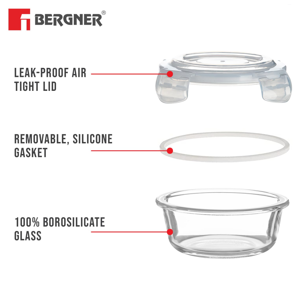 Bergner Acadia 4pcs Lunch Bag Set (3 Glass Container + 1 Lunch Bag) 400ml x 3 Borosilicate Glass, Acacia Wood Lid BGIN-6490