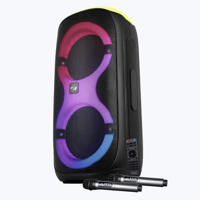 Zebronics ZEB-Thump 802 120W RMS DJ Speaker with Dual Wireless Mics, RGB Lights, Bluetooth 5.3, USB, AUX, FM, TWS & Remote