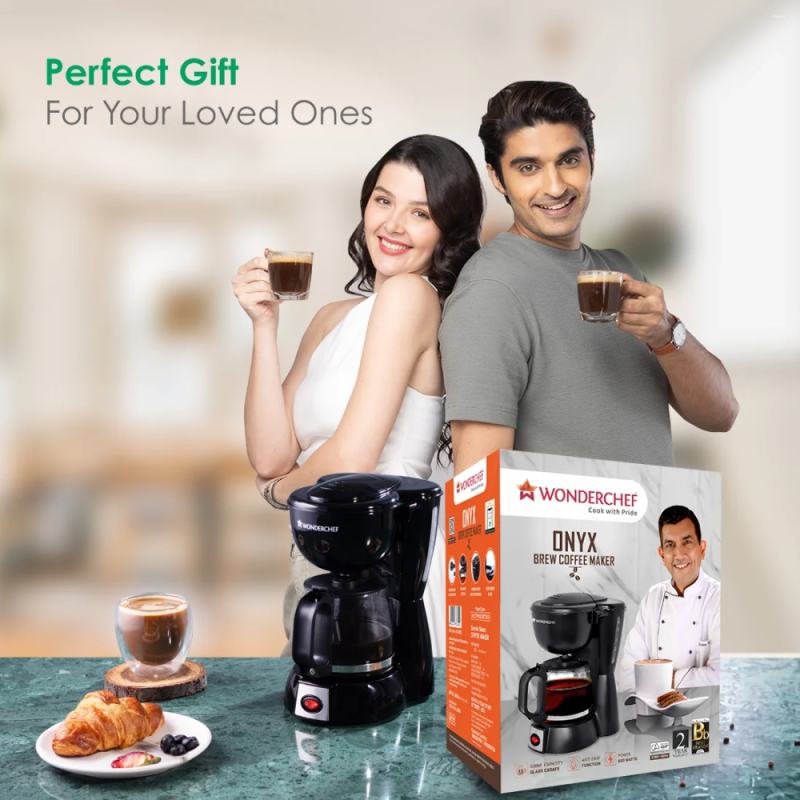 Wonderchef Onyx Brew 600W 750ml Drip Coffee Maker, 6 Cups, Borosilicate Glass Carafe, Hot Plate & Anti-Drip