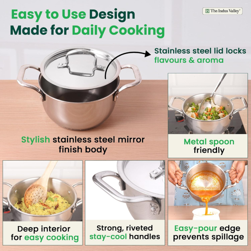 The Indus Valley 18cm Casserole Tri-Ply Stainless Steel, 5-Ply Bottom KC-CR-003