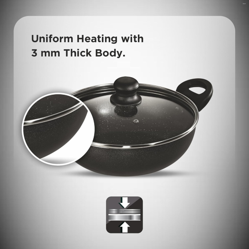 Butterfly Granza 280 mm 2.4 Litre Aluminium Non-Stick Kadai with Glass Lid, 5-Layer Teflon Infinity Granite Coating & Induction Base