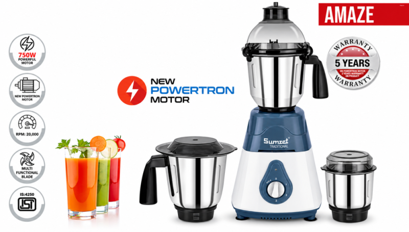 Sumeet Traditional Amaze 750W Mixer Grinder with 3 Stainless Steel Jars, Copper Motor & Multi-Function Blades