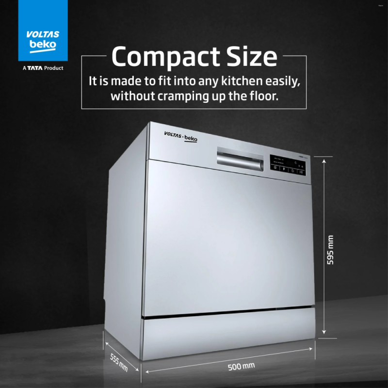 Voltas Beko DT8S 8 Place Settings Table Top Dishwasher with Inbuilt Heater, 6 Wash Programs, 8 L Water Consumption, Silver