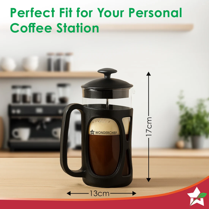 Wonderchef French Press Coffee Maker 600ml, Borosilicate Glass, 18/8 Stainless Steel 4-Level Strainer, Brew in 3 Minutes