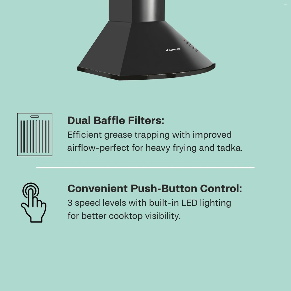 Butterfly CH 602 60 cm Arc Kitchen Chimney with 1000 m³/hr Suction, Dual Baffle Filter, 3-Speed Control & LED Light