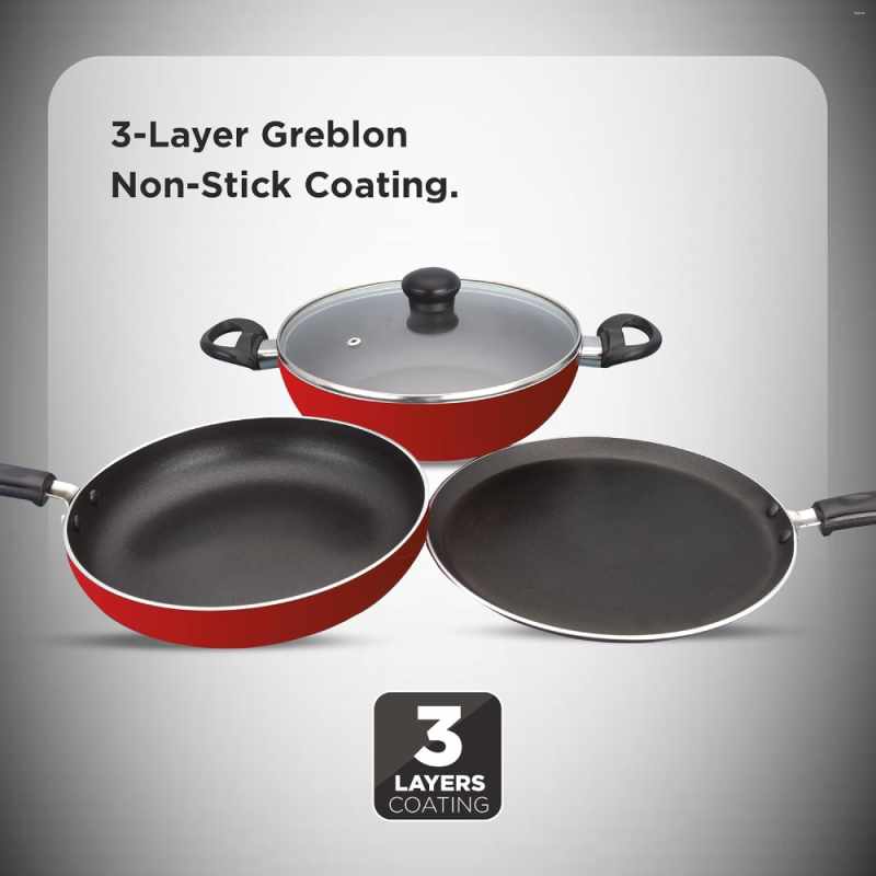 Butterfly Kroma Deluxe KCP3 250 mm Tawa + 240 mm Kadai + 240 mm Fry Pan with Greblon-C3 Non-Stick Coating & Induction Base