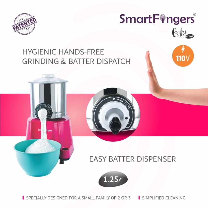 SmartFingers 1.25 L Comfort Plus Mini 110V Wet Grinder for USA, 120W Motor, Hands-Free Batter Dispenser