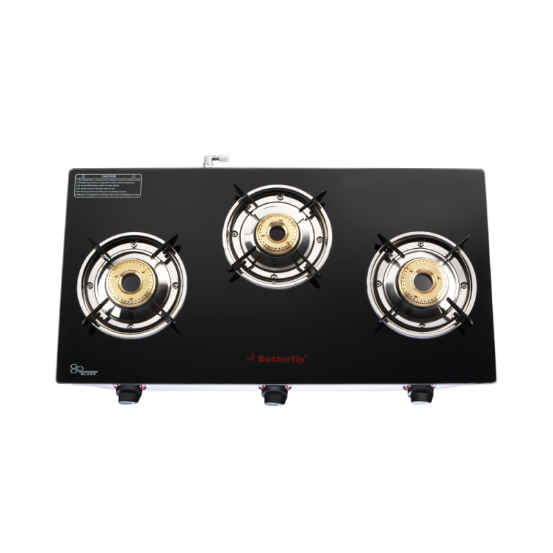 Butterfly Trio Plus 3B 3 Burner Glass Top Gas Stove with Brass Burners, Toughened Glass & ABS Knobs