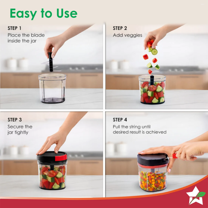 Wonderchef Glory 900ml 6-Blade String Chopper, Stainless Steel Blades, Anti-Slip Silicone Base & Airtight Lid