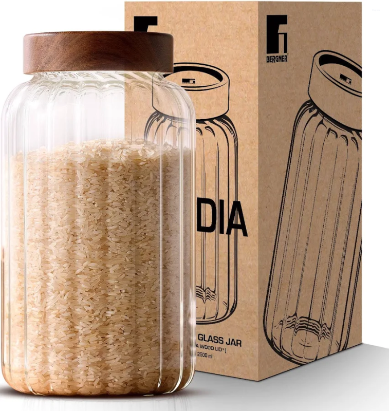 Bergner Acadia Acadia Striped Glass Jar 2.6L Borosilicate Glass, Acacia Wood Lid BG-20550-MM