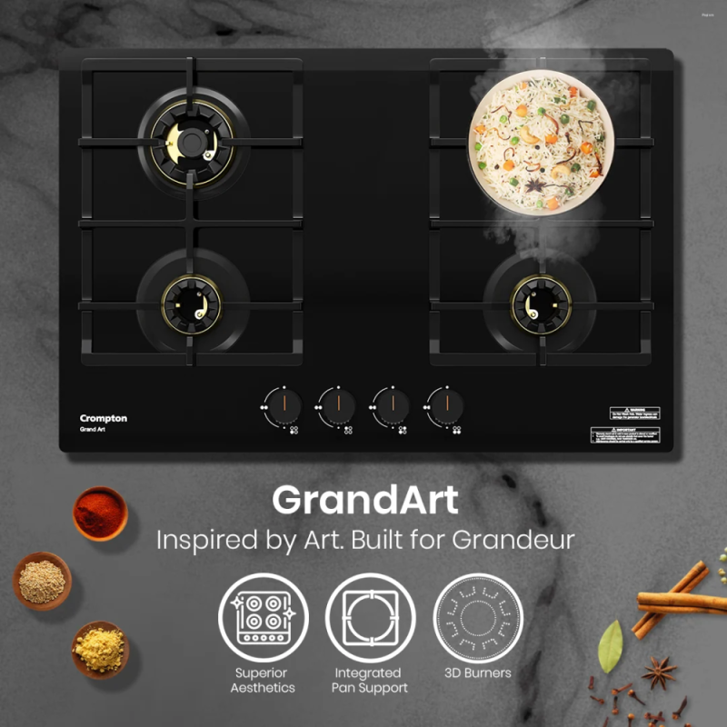 Crompton GrandArt 80cm 4 Burner Built-in Gas Hob with Full Brass 3D Burners & Flame Failure Safety (HOB-GAFB804-MBL)