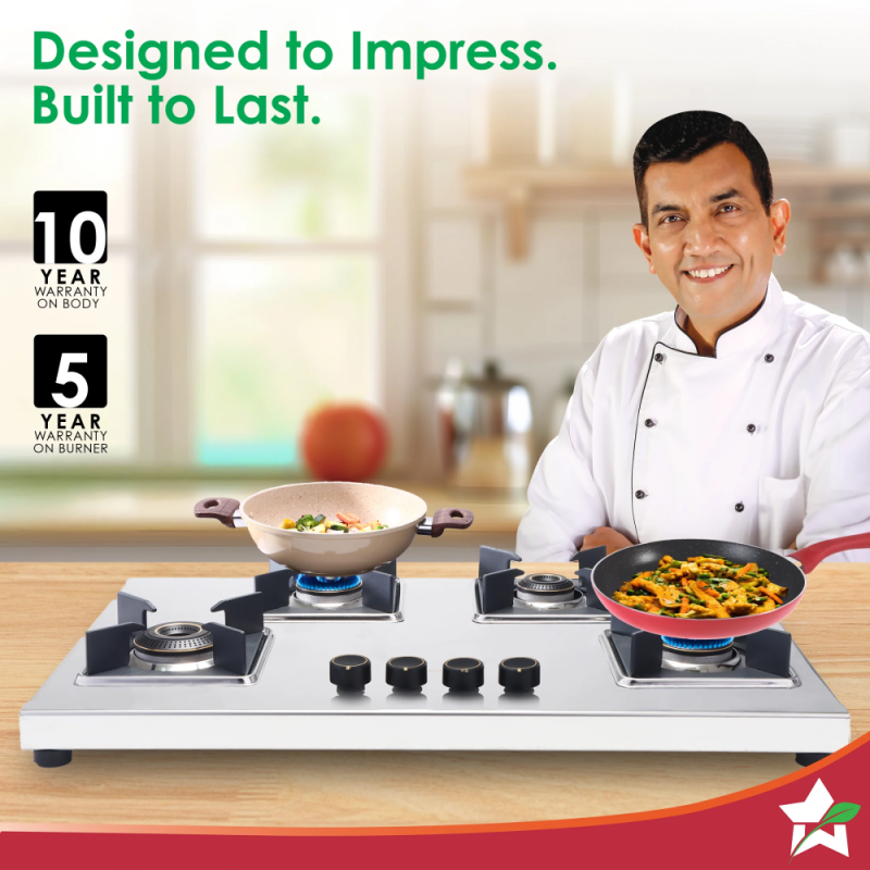 Wonderchef Inox 4 Brass Burner Manual Hobtop, 2mm Stainless Steel, LPG, SABAF Leak-Proof Valves