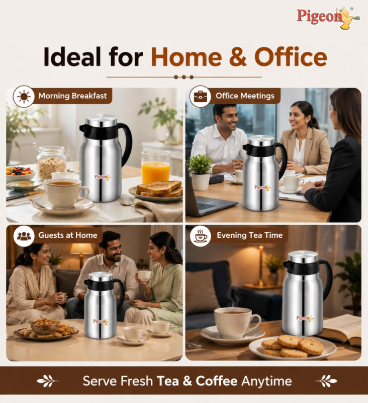 Pigeon Hot Shot 500 ml Stainless Steel Insulated Tea Jug with Double-Wall Vacuum Insulation & Leak-Proof Lid