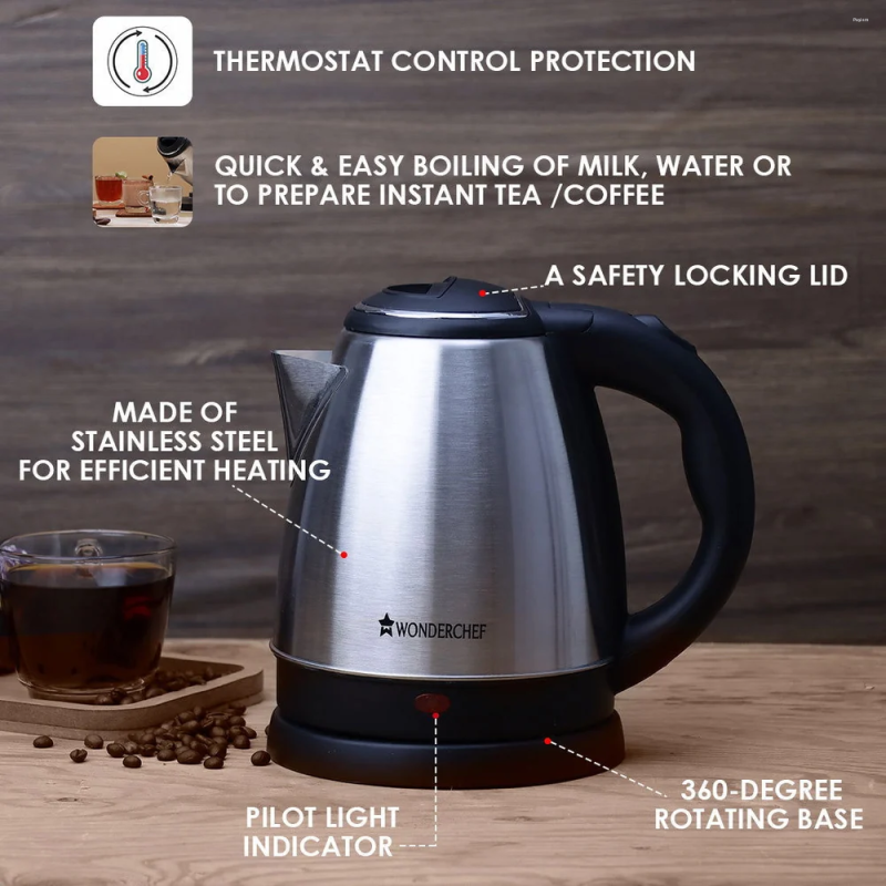Wonderchef Crescent 1.5L 1350W Electric Kettle, Stainless Steel Body, Thermostat, Safety Locking Lid & Auto Shut-Off