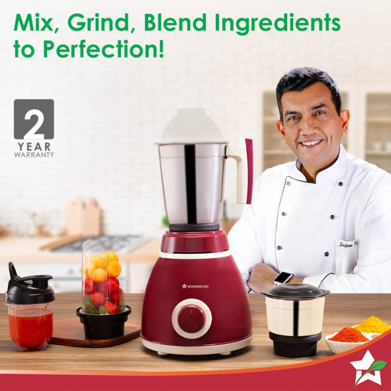 Wonderchef Acura Plus 500W 4-Jar Mixer Grinder with 1.5 L Dry Grinding Jar, Sipper Jar, 3-Speed & Pulse Function