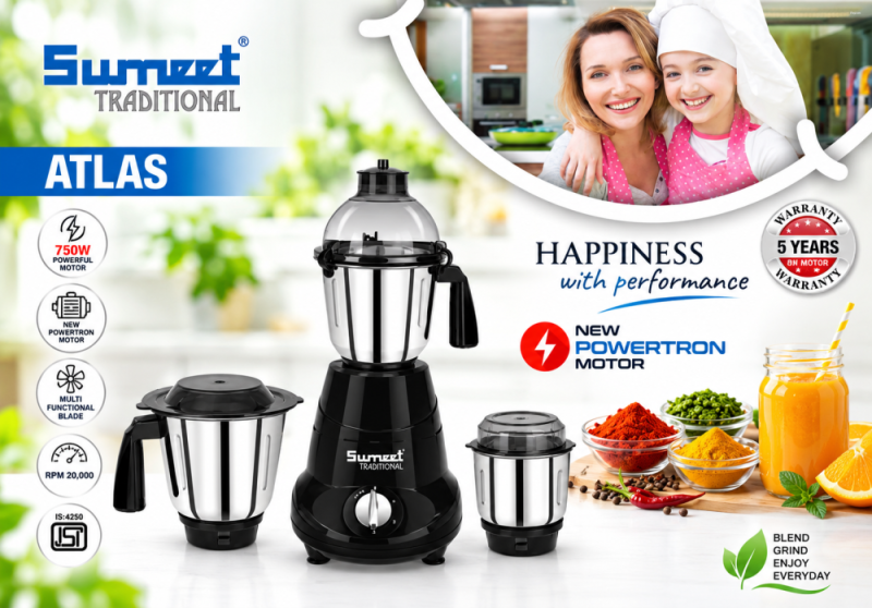 Sumeet Traditional Atlas 750W Mixer Grinder with 3 Stainless Steel Jars, Copper Motor & Multi-Function Blades