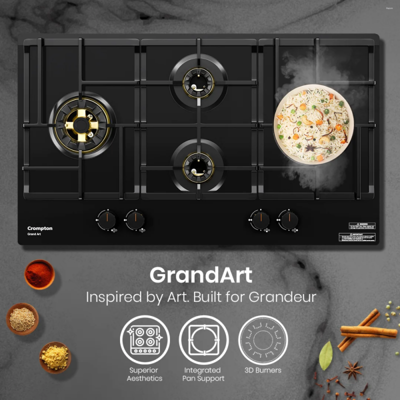 Crompton GrandArt 90cm 4 Burner Built-in Gas Hob with Full Brass 3D Burners & Flame Failure Safety (HOB-GAFB904-MBL)