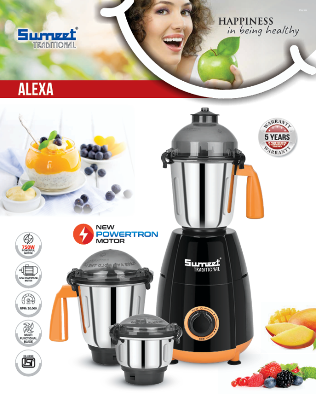 Sumeet Traditional Alexa 750W Mixer Grinder with 3 Stainless Steel Jars, Copper Motor & Multi-Function Blades