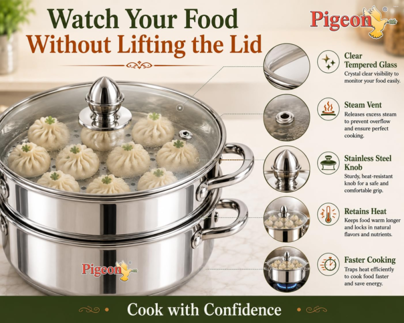 Pigeon Elantra 2-Tier 20 cm Stainless Steel Steamer Pot with Tempered Glass Lid, Induction Base & Dishwasher-Safe Design