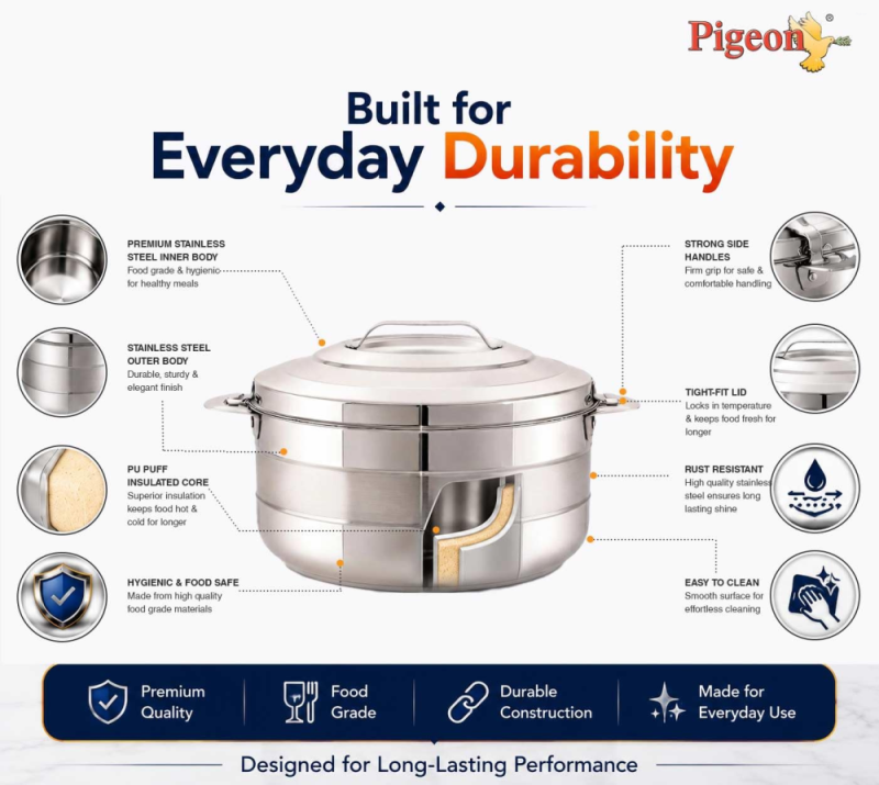 Pigeon Galaxy 500 ml Stainless Steel Insulated Casserole with Double-Wall Construction & Steel Lid