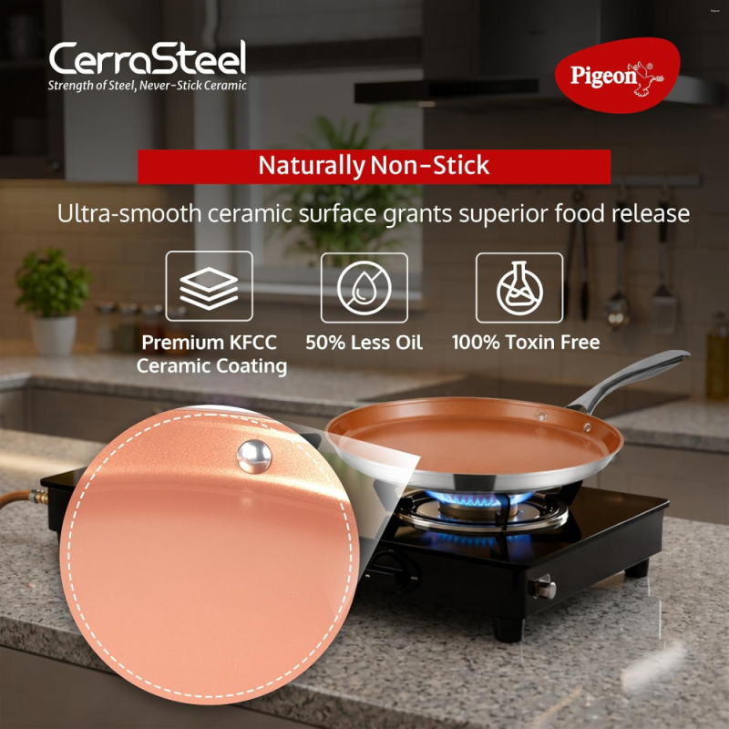 Pigeon CerraSteel Flat Tawa 310 30 cm Non-Stick Cookware, Copper Colour