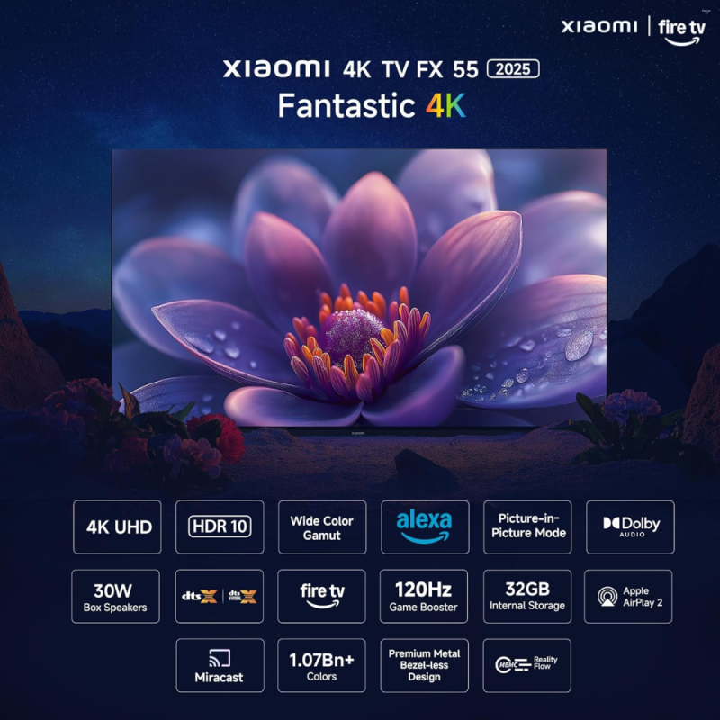Xiaomi 55 Inch 4K Ultra HD Smart LED Fire TV FX Series with DLG 120Hz Game Booster, MEMC, Dolby Audio, DTS Virtual:X & Alexa Voice Assistant (L55MB-FIN)