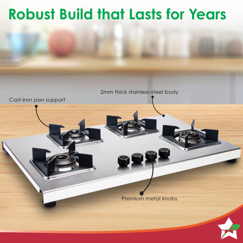 Wonderchef Inox 4 Brass Burner Manual Hobtop, 2mm Stainless Steel, LPG, SABAF Leak-Proof Valves