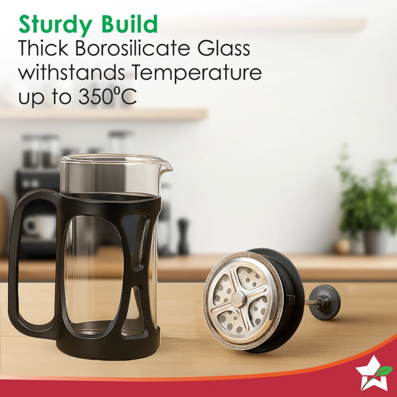 Wonderchef French Press Coffee Maker 600ml, Borosilicate Glass, 18/8 Stainless Steel 4-Level Strainer, Brew in 3 Minutes