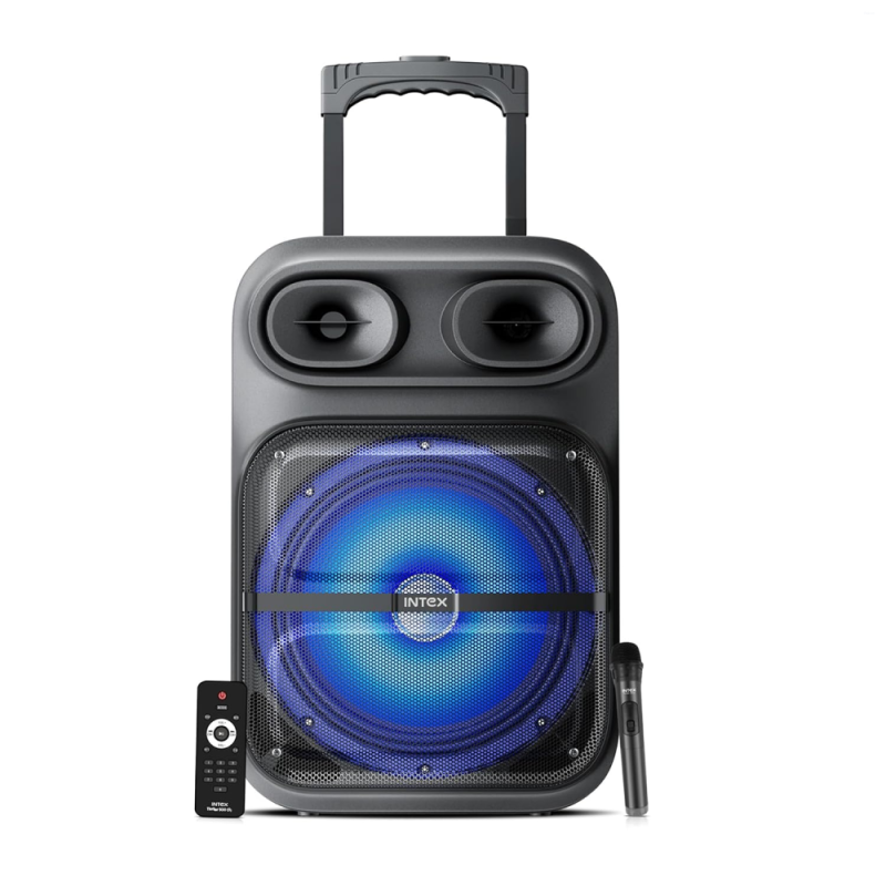 Intex Thriller 600 (S) 60W Trolley Speaker with 12-Inch Subwoofer, RGB LED, Bluetooth, USB, AUX, FM, TF & Wireless Karaoke Mic – Black