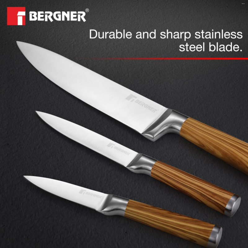 Bergner Olive Garden Olive Garden 3PC Knife Set 3 Pcs Stainless Steel, Wooden-Tone Handle BG-39194-MM