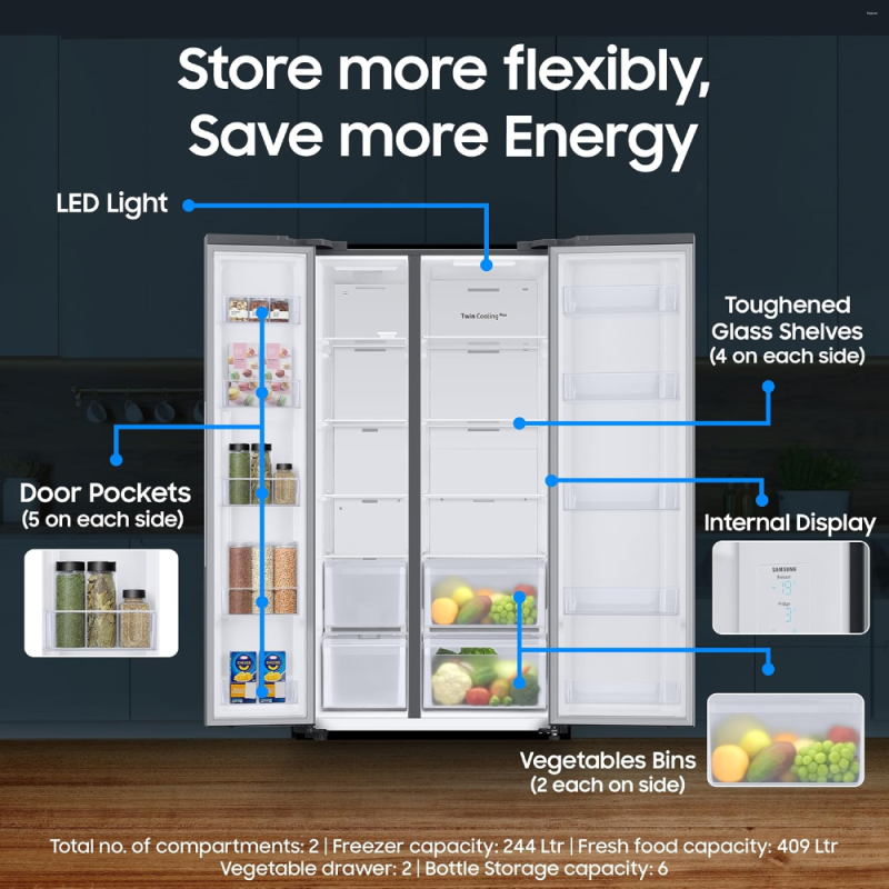 Samsung 653 L 3 Star Frost-Free Side-by-Side Refrigerator, Convertible 5-in-1 with AI, Wi-Fi & Digital Inverter – RS76CG8003S9HL