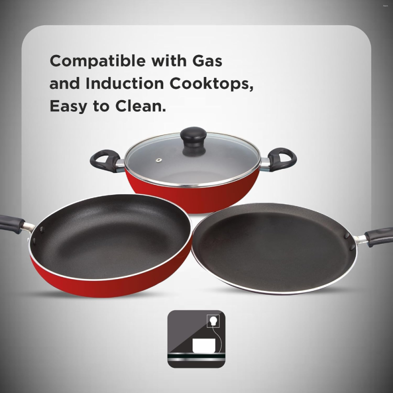 Butterfly Kroma Deluxe KCP3 250 mm Tawa + 240 mm Kadai + 240 mm Fry Pan with Greblon-C3 Non-Stick Coating & Induction Base