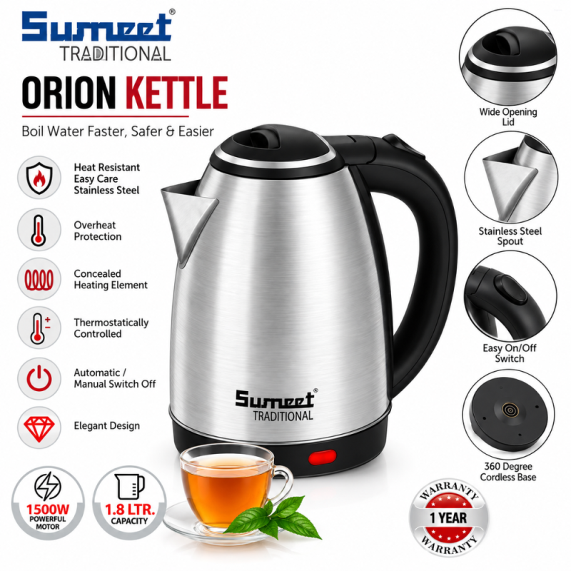 Sumeet Traditional Orion 1.8L Electric Kettle 1500W with Stainless Steel Body & Automatic Shut-Off